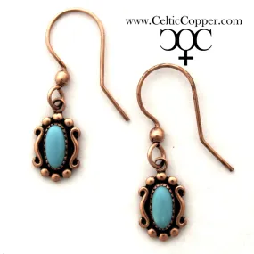 Western Style Turquoise Copper Earrings 9x14mm Solid Copper Oval Turquoise Drop Earrings