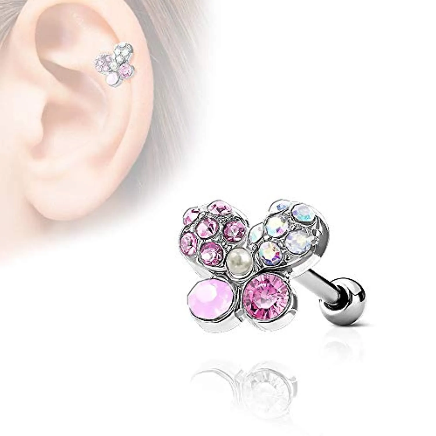 WildKlass Crystals Paved Butterfly Top 316L Surgical Steel Ear Cartilage Barbell Studs